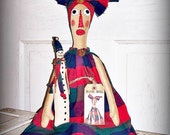 Primitive Folk Art Doll Winter Christmas Raggedy Annie Mammy Doll Snowman by FosterChild Whimsy
