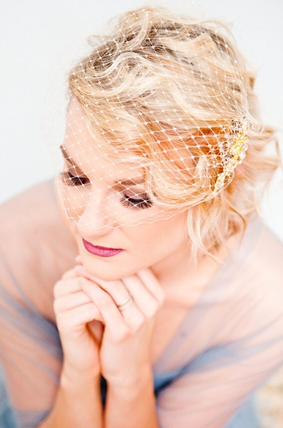 Bridal Veil and Gold Bridal Comb Bandeau Birdcage Veil Gold