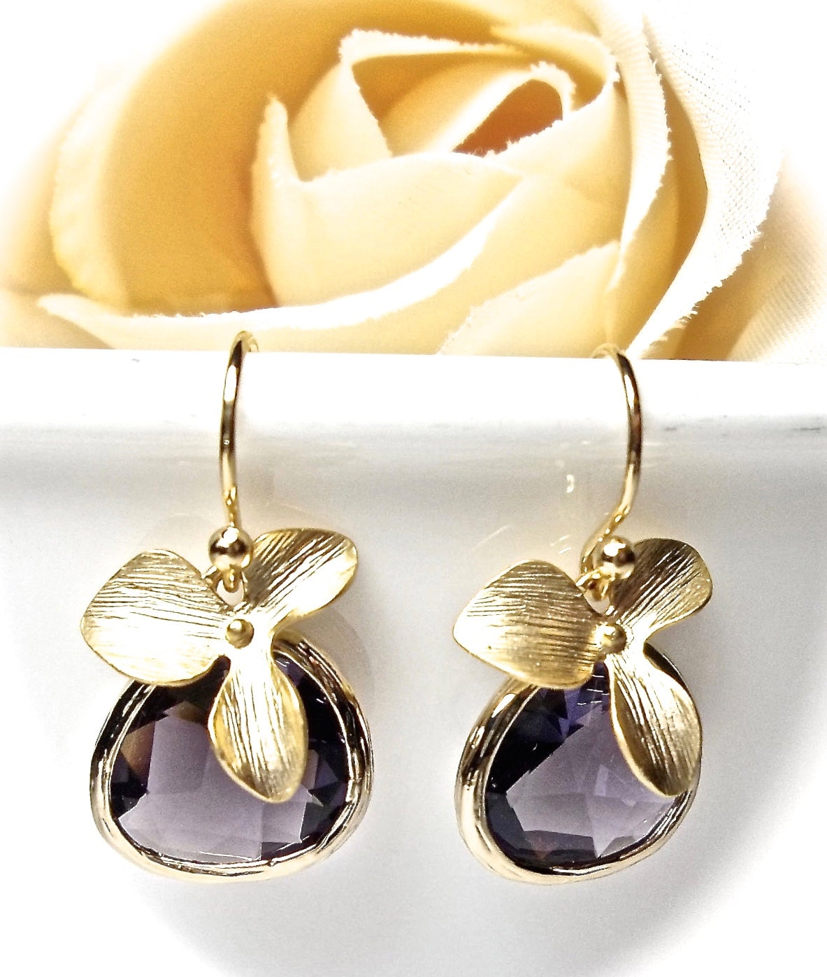 Amethyst Earrings Gold orchid earrings by QueenMeJewelryLLC