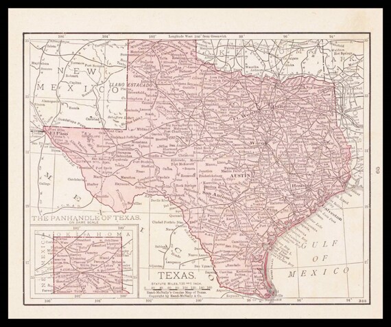 Small Texas Map of Texas State Map 1900s by ParagonVintagePrints