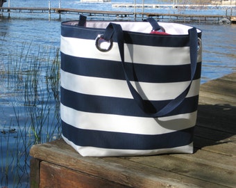 Black Friday Nautical HUGE Beach Bag Weekender Bag Navy and White ...