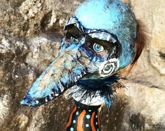 Bird Boy Altered Doll / Altered Art /Art Doll / Original Art / OOAK / Blue / orange / Creepy Art / Baby Doll Art / mixed media / assemblage