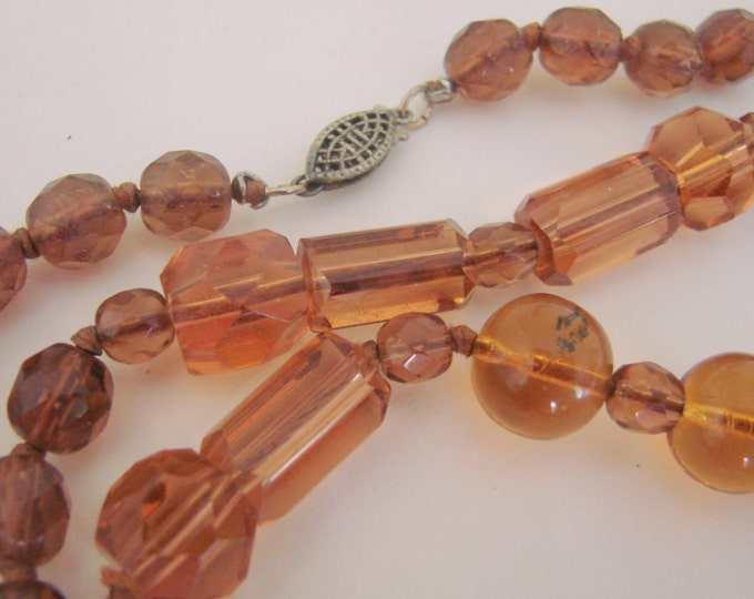 Art Deco Amber Glass Bead Necklace / Designer Signed / Faceted / 30s Vintage Jewelry