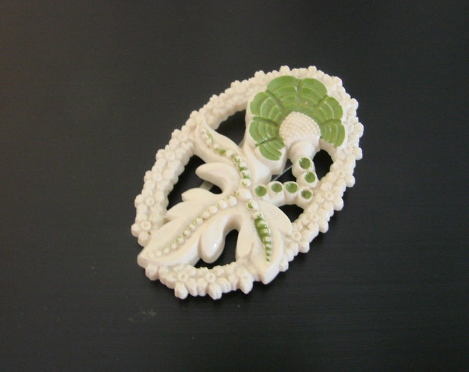 Carved Celluloid Floral Dress Clip / Olive Green / White / Hand Tinted / 40s Vintage Jewelry / Jewellery