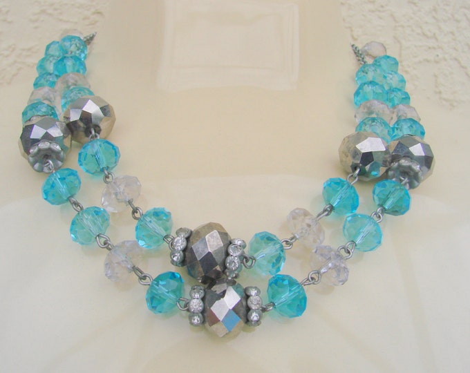 80s Trifari Crystal Glass Bead Necklace / Rhinestone / Aqua Blue / Designer Signed / Vintage Jewelry / Jewellery / Designer Signed