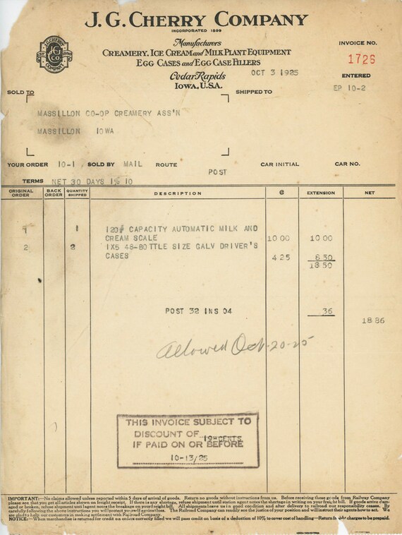 1925 Iowa Dairy Receipt J G Cherry by thebluewhaleantiques