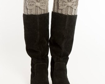 Gray Bow Crochet Boot Cuffs, Toppers, Warmers, Crocheted, Handmade, Women's Warm, Soft, Cozy Winter Knit Accessory, Knitted Ankle Warmers
