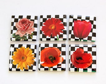 Flower Magnets, Fridge Magnets, Kitchen Magnets, Magnets, Square Magnets, button magnets, Flowers, Floral, Black, white, red (4608)