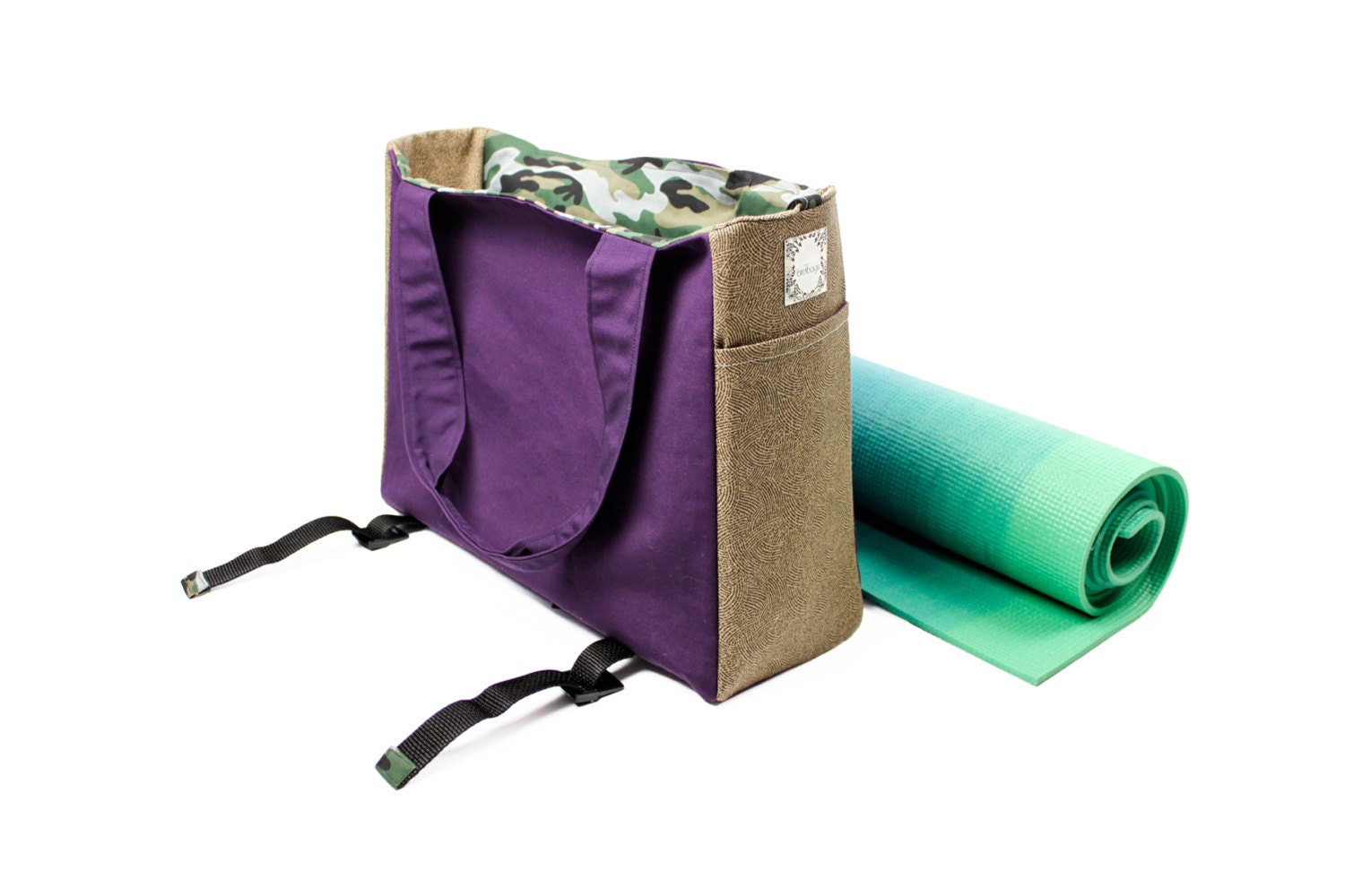 Yoga Tote Bag Gym Bag Yoga Mat Bag Purple Tan and by thebirdbags