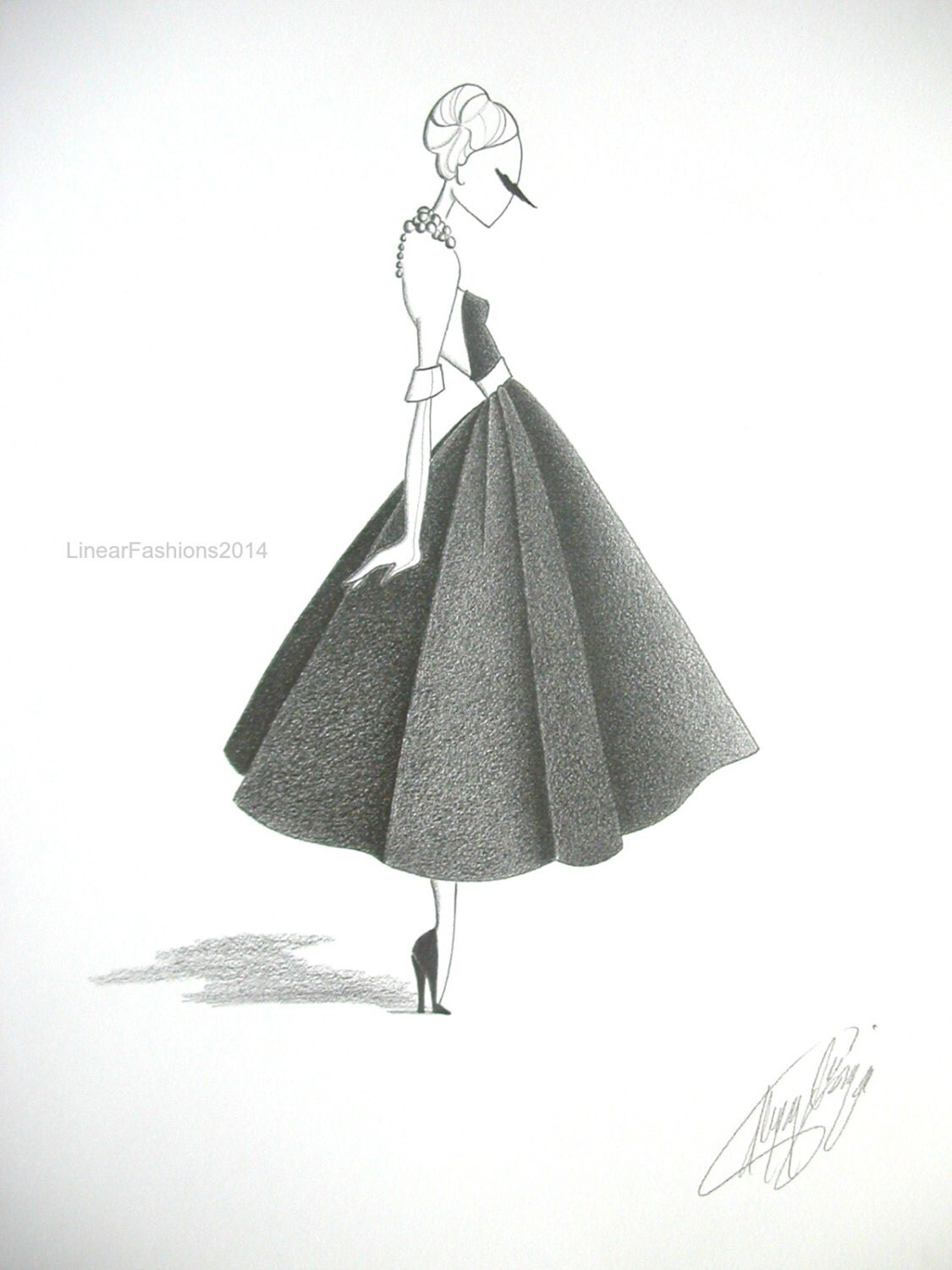 Fashion illustration girl in dress original pencil drawing