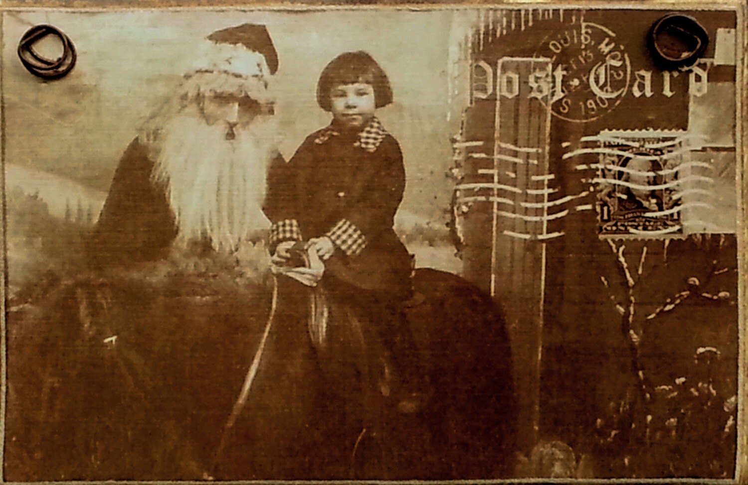 1914 Christmas / Santa With Girl On Pony / Christmas Decoration / Handmade In The USA