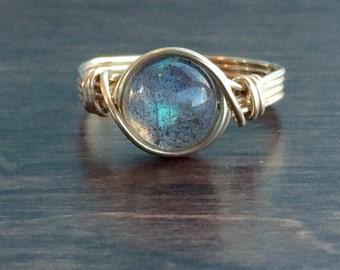 Labradorite Wire Wrapped Ring, Labradorite Gemstone Ring, 14k Gold Filled Ring, Any Size