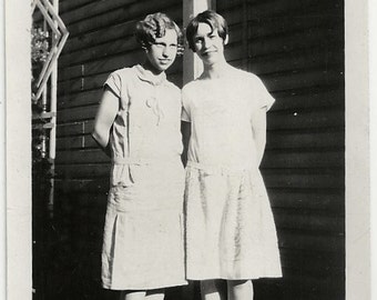 Old Photo 2 Teenage Girls wearing White Dresses 1920s Photograph Snapshot vintage