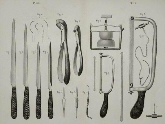 1857 Antique bizarre print of SURGERY TOOLS for AMPUTATION.