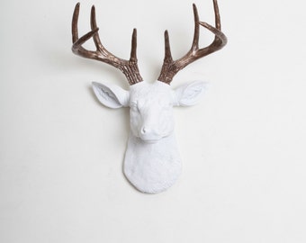 Faux Taxidermied Deer Head Decor- The MINI Lydia- White W/ Bronze Metallic Antlers Resin Deer Head Wall Mount - Resin White Faux Taxidermy