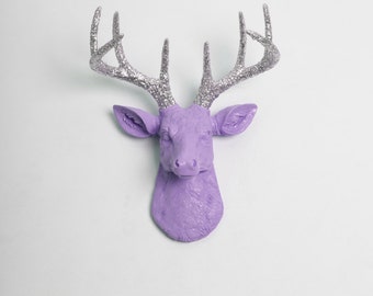 Faux Deer Head - The MINI Sophia - Lavender W/ Silver Glitter Antlers Resin Deer Head- Stag Resin White Faux Taxidermy