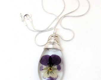 Purple Violet Resin Teardop Necklace - Real Flower Encased in Resin - Pressed Flower Jewelry - Resin Necklace - Wire Wrapped Pendant