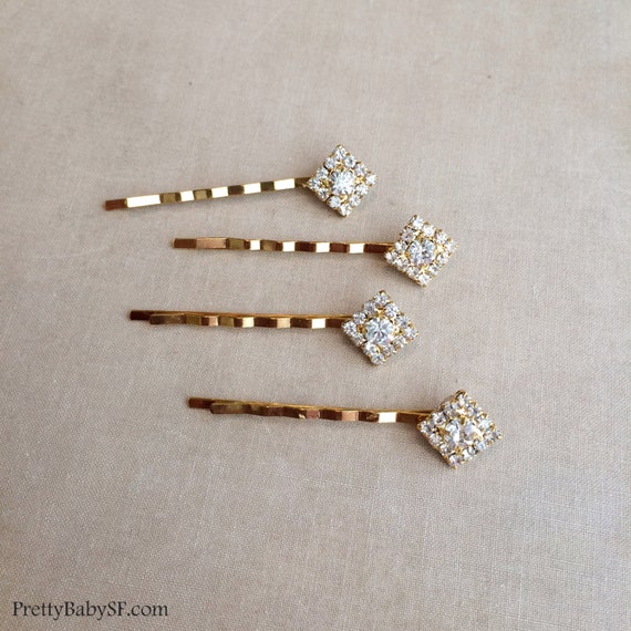 gold Bridal Crystal Hairpins 4 pc Square Diamond gold hair