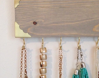 Jewelry Hanger / Jewelry Organizer / Rustic Gold Metal Edge Accessory Necklace Wall Hanging / Hooks / Gray Wood Stain / Holiday Gift