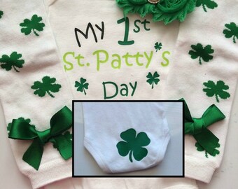 Baby girl First St Patricks Day outfit - st patricks day baby girl bodysuit - clover outfit - clover legwarmers - newborn st patricks day