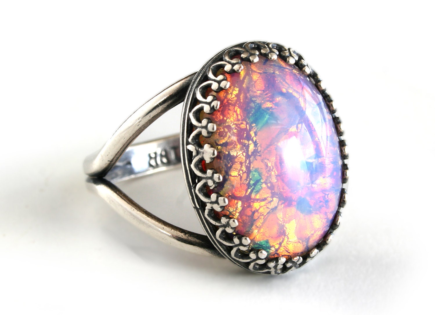 Statement Ring Vintage Glass Pink Fire Opal Ring Purple Fire