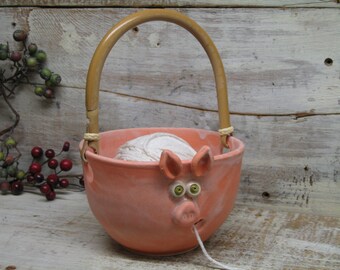 Pig Yarn bowl - Knitting Bowl - Large yarn Holder with Cute Pig Face - Handmade Pottery by Heidi