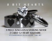 Legend Of Zelda 8 Bit Hearts- Tungsten With CZ and 925 Sterling Silver 1.3 Carat TW CZ Heart Wedding Rings, 8mm Men's ring All Engraved