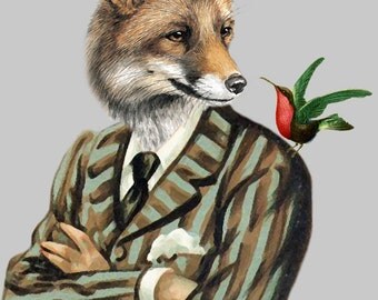 Fox with bird Animal painting portrait painting Giclee Print Acrylic fox Painting fox Print fox art, fox painting, decor fox illustration