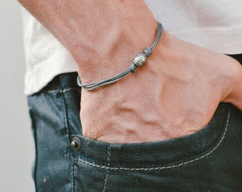 Grey cord bracelet, men's bracelet with a silver tube charm and a gray cord, bracelet for men, Valentine gift for him, men's jewelry