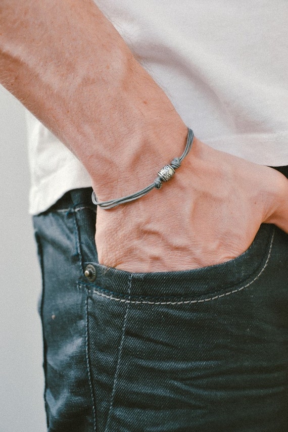 Grey cord bracelet men's bracelet with a silver tube