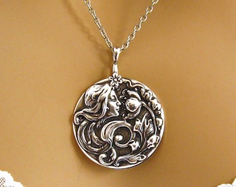 Art Nouveau Necklace - Art Nouveau Jewelry - Woman Flower Necklace – Silver Woman Flower Pendant – Large Silver Round Medallion Necklace