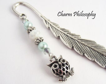 Owl Bookmark - Pale Mint Green - Tibetan Silver Bookmark Stationary - Owl Gift Ideas