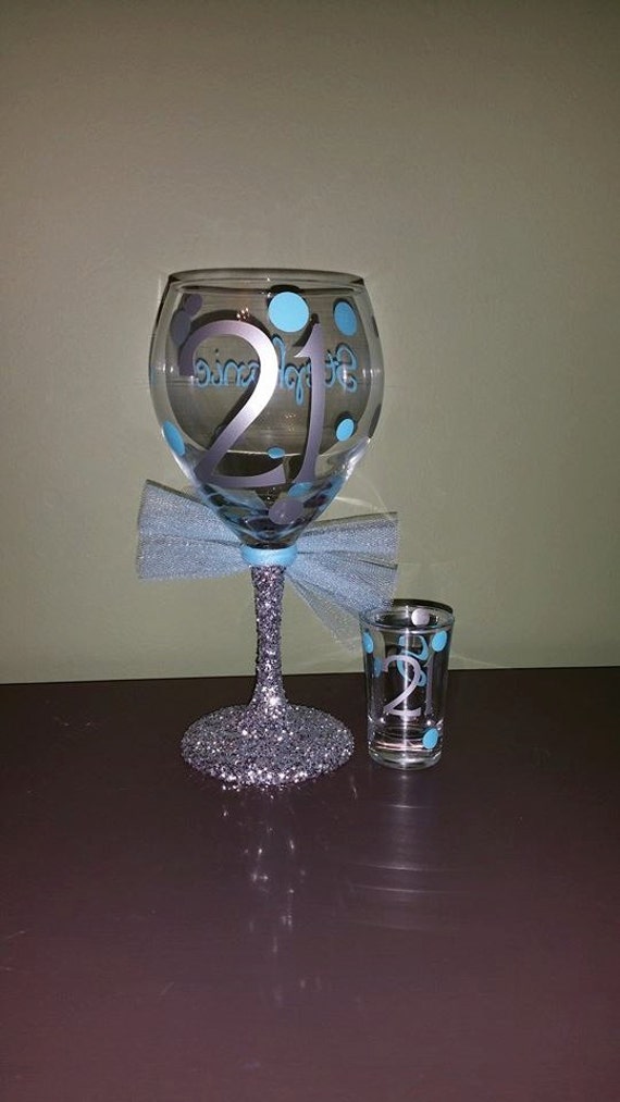 21st Birthday Personalized Glitter Stemmed Wine Glass AND