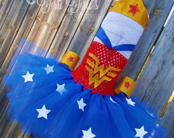 Wonder Woman TuTu Dress, Halloween Costume with Glitter Gold Crown and Arm Cuffs - Baby, Infant, Toddler and Girl's
