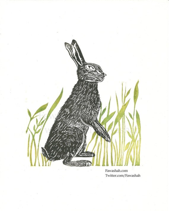 Hare Linocut Original Print Spring Hand Printed Wall Art by Fawa1