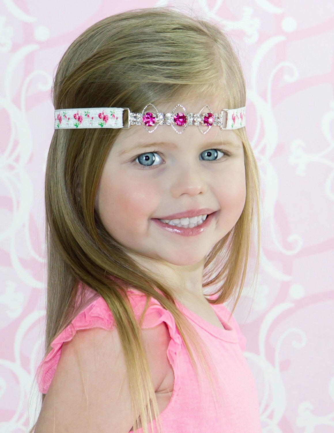 Pink Floral Headband, Pink Rhinestone Headband, Newborn Photo Prop