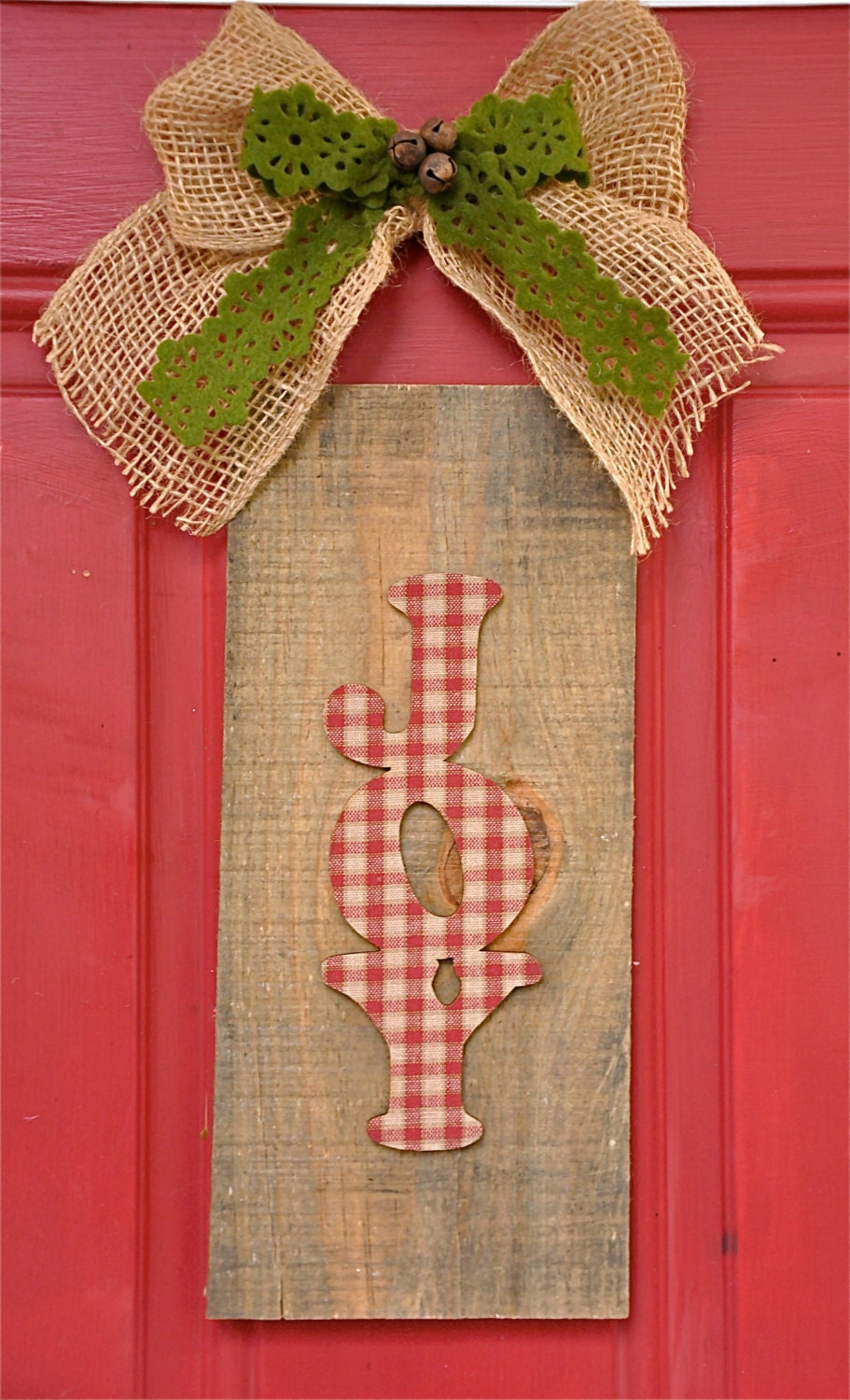 Reclaimed Wood "Joy" Sign with Burlap Bow and Vintage Jingle Bells, Holiday Decor Door Hanger, Christmas Decor