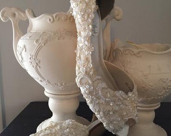 All Lace and Beaded Bridal Pump Low Heel Peep Toe Ivory White Wide Width Available Open Toe Pump Wedding Shoe