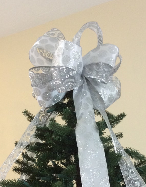 christmas tree topper bow white silver by custombowsbyjami christmas tree topper bow white silver by custombowsbyjami