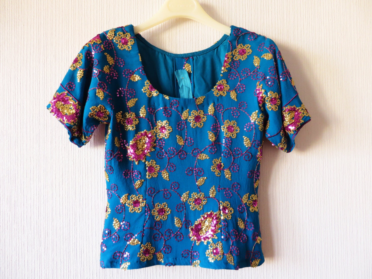 Deep Teal Gold Sequin Top Sparkle Embroidered Womens Boho