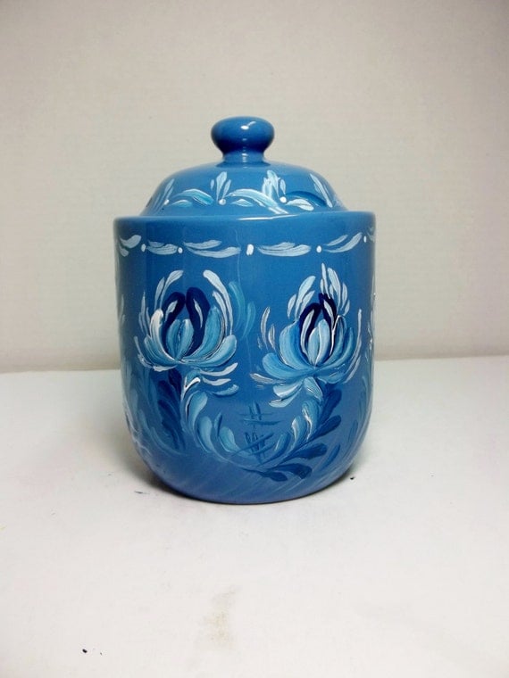 Blue Stoneware Ceramic Cookie Jar Kitchen by FolkArtByNancy