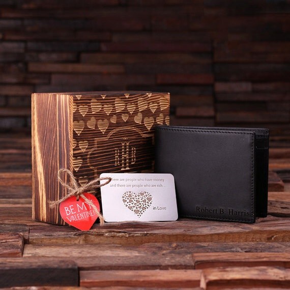 Personalized Valentine's Day Men's Leather Wallet with Wood Gift Box and Wallet Card