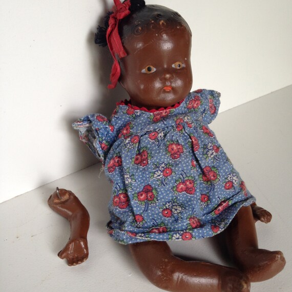 Black composition baby doll vintage 1930s by MilkweedVintageHome