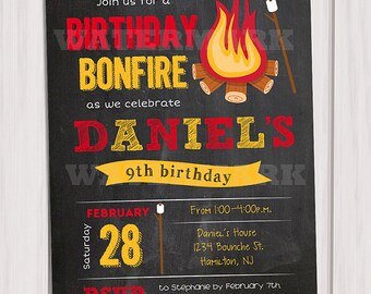 Bonfire Birthday Invitation, Camp Invitation, Smores invitation, Bonfire Birthday Party, Personalized Printable invite, Photo invitation
