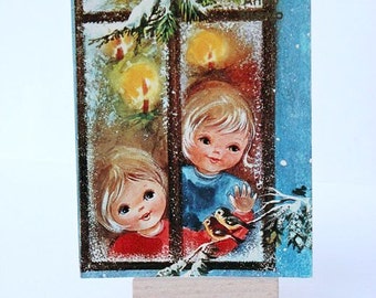 Kitsch Vintage Big Eyed Kids Christmas Postcard - Buon Natale - Festive 1970s