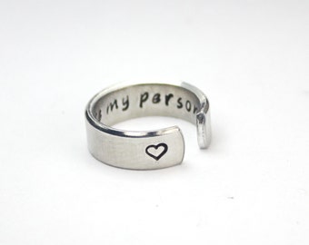 You're My Person Ring, Grey's Anatomy Inspired Ring, Hand Stamped Aluminum Cuff Ring, Love Gift