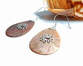925 Sterling Silver Balinese Teardrop Coral Shell Earrings Sterling Silver Natural Pinkish Tan Shell Earrings Mother of Pearl Silver Shells