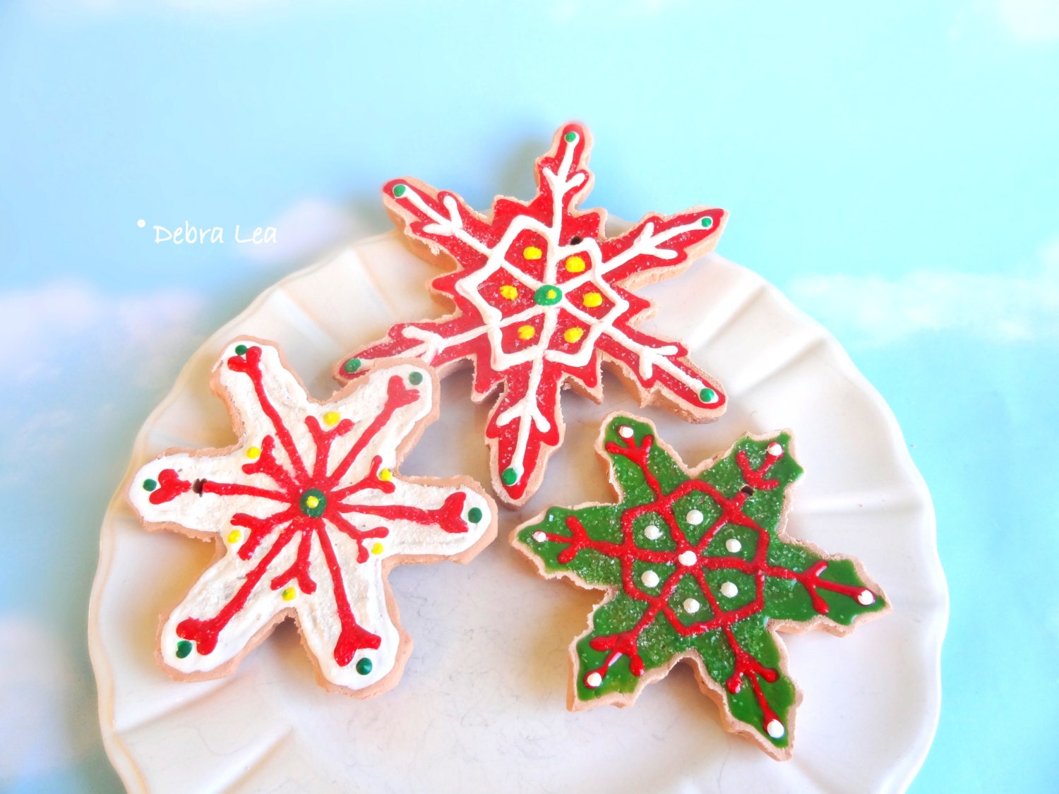 Fake Cookies Set of 3 Handmade Faux Christmas Holiday Gingerbread Sugar Cookie Ornament Candy Cane Peppermint Snowflake C14