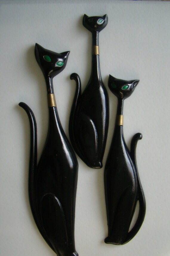 FREE SHIP Vintage MCM Black Cat Wall Hanging Atomic Kitty Trio