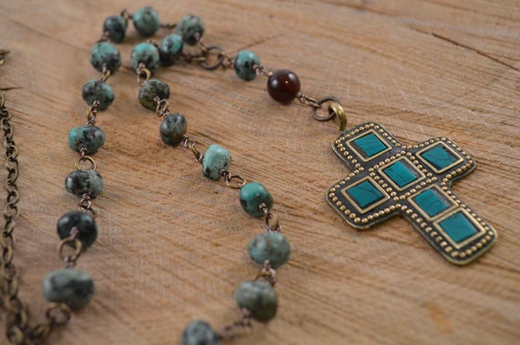 Pendant Necklace,  Brass Necklace, Brass  necklace cross Long  Turquoise African linked charm Cross